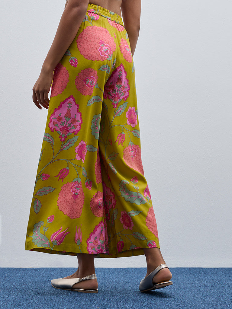 Utsa Light Green Floral Printed High-Rise Ethnic Pants