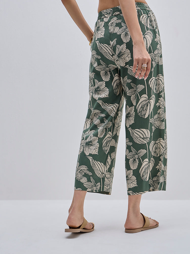 Utsa Green Botanical Printed High-Rise Ethnic Pants