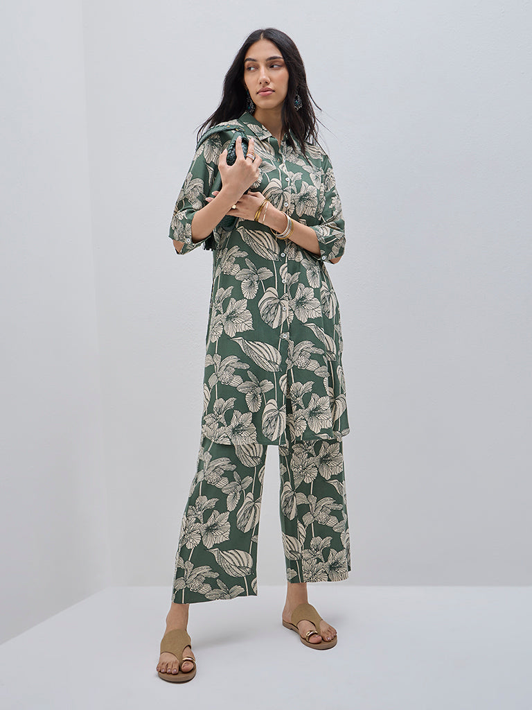 Utsa Green Botanical Printed High-Rise Ethnic Pants