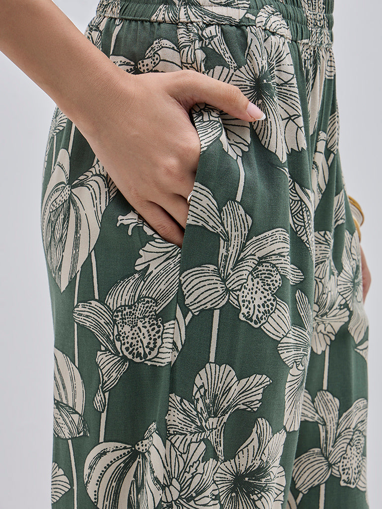 Utsa Green Botanical Printed High-Rise Ethnic Pants