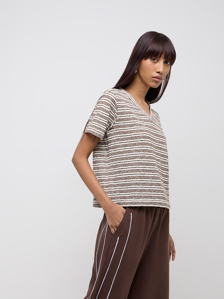 Studiofit Brown Stripe Printed Cotton T-Shirt