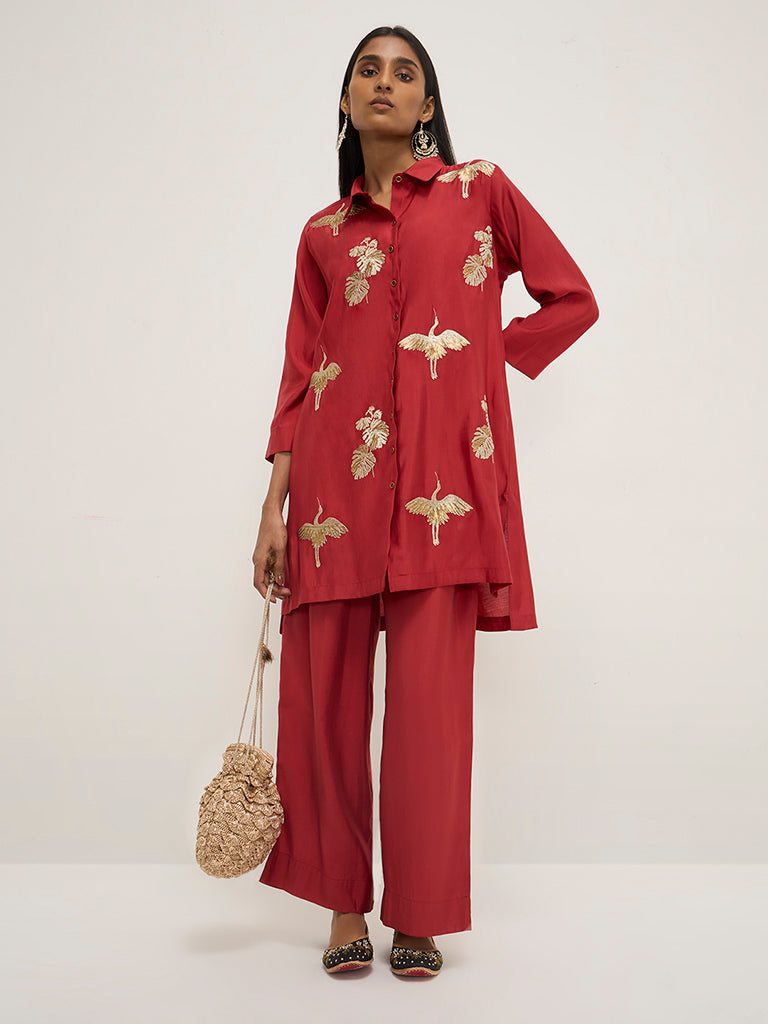 Vark Red Embroidered High-Low Tunic and Pants Set