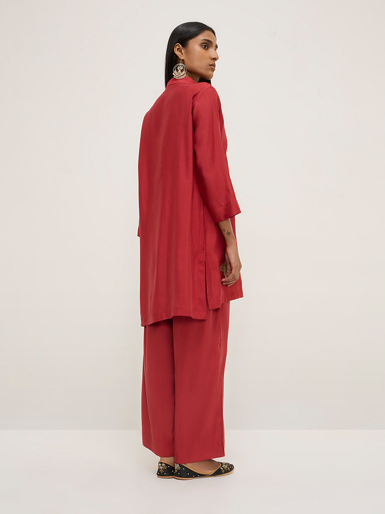 Vark Red Embroidered High-Low Tunic and Pants Set