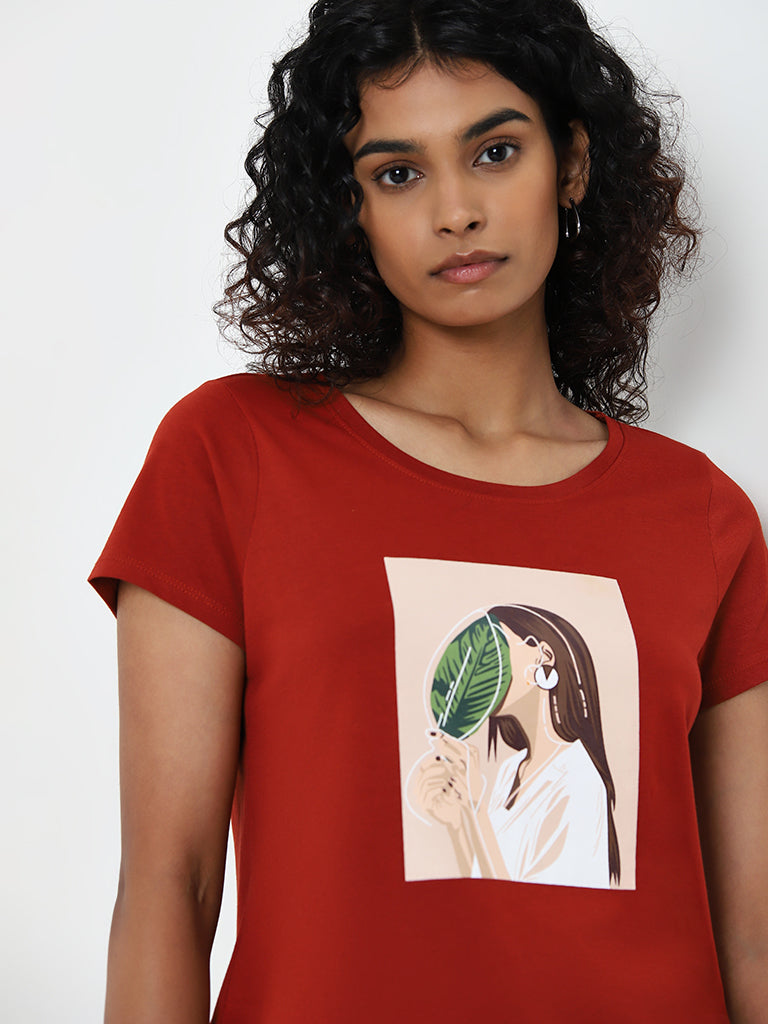 LOV Rust Printed Cotton T-Shirt