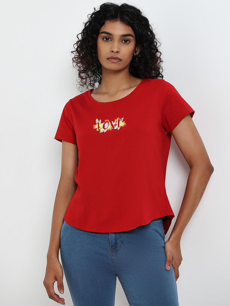 LOV Red Text Embroidered Cotton T-Shirt