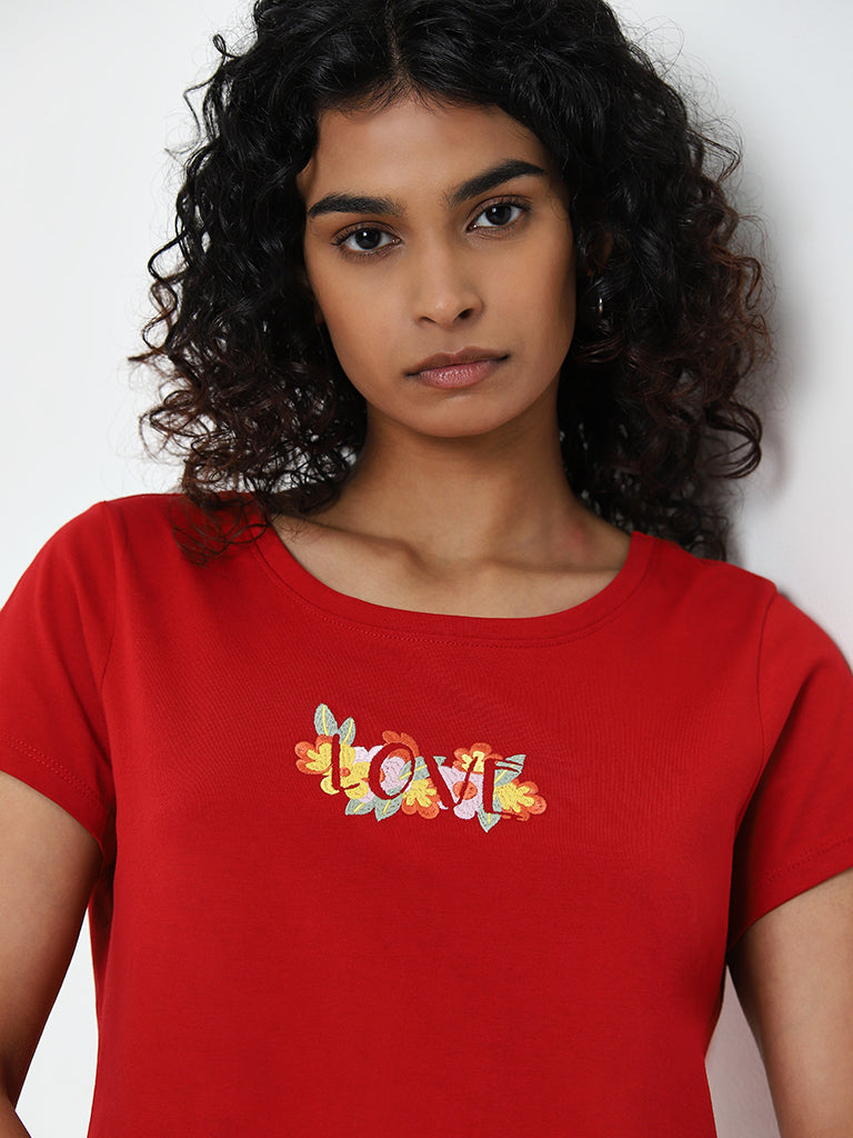 LOV Red Text Embroidered Cotton T-Shirt