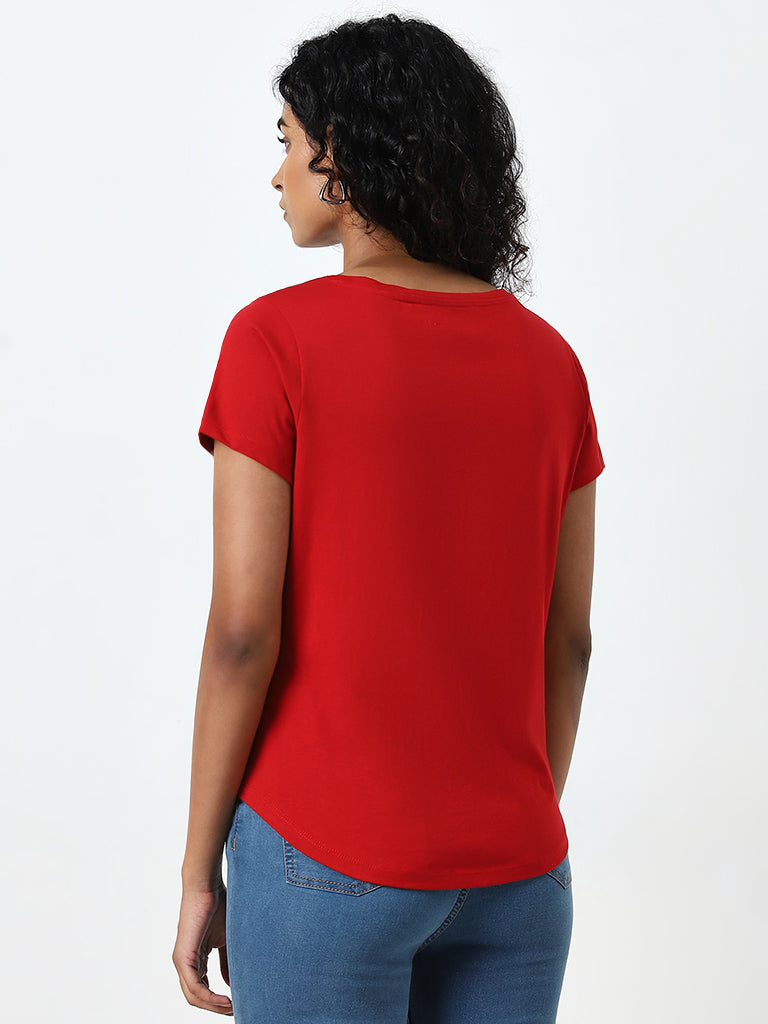 LOV Red Text Embroidered Cotton T-Shirt