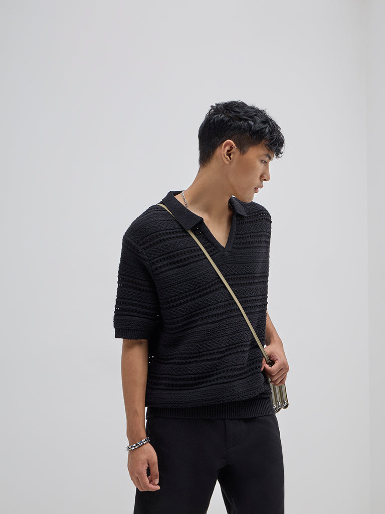 ETA Black Knit-Textured Relaxed-Fit Cotton-Blend Polo T-Shirt