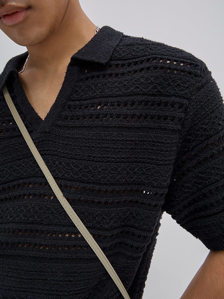 ETA Black Knit-Textured Relaxed-Fit Cotton-Blend Polo T-Shirt