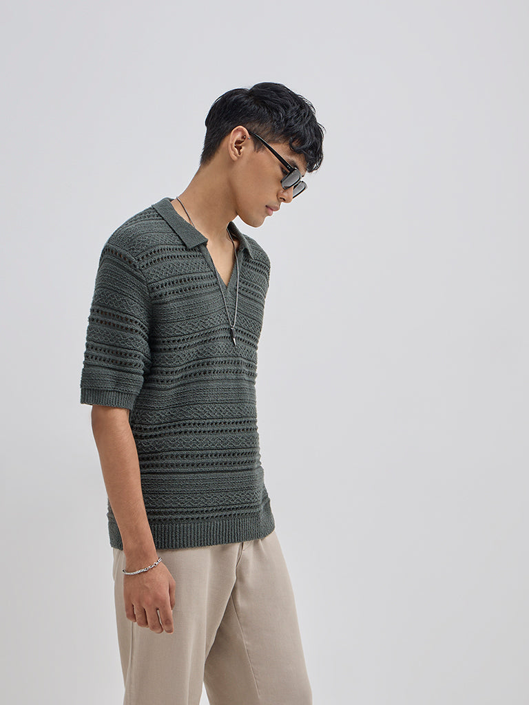 ETA Olive Knit-Textured Relaxed-Fit Cotton-Blend Polo T-Shirt