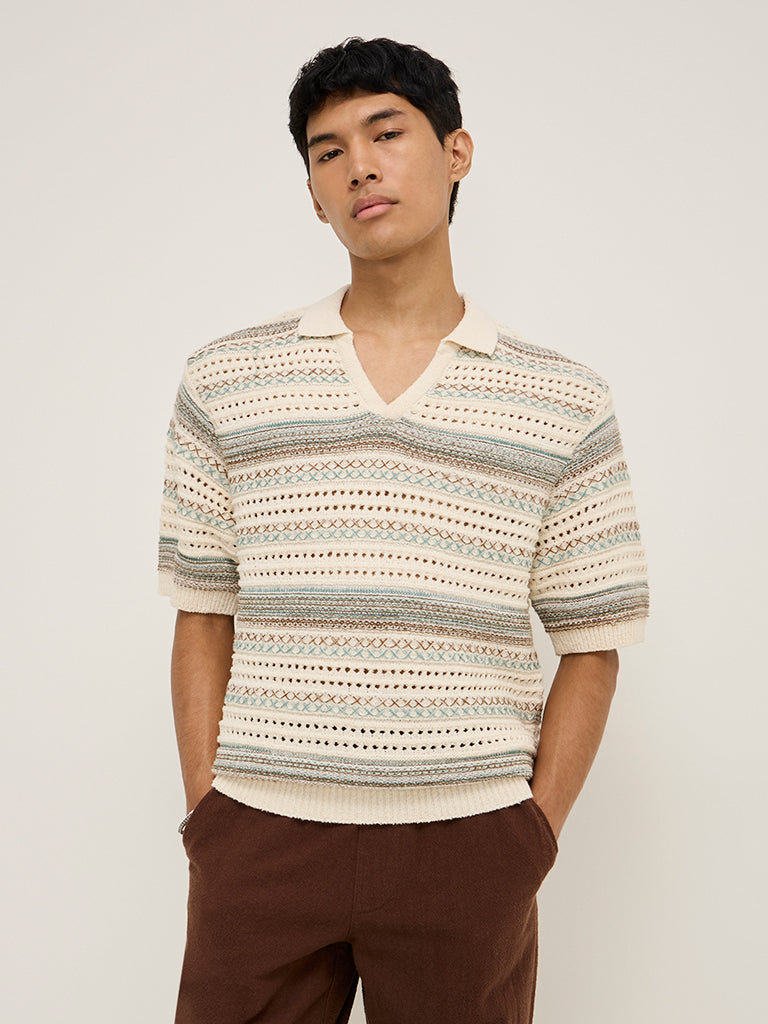 ETA Taupe Knit-Textured Relaxed-Fit Cotton-Blend Polo T-Shirt