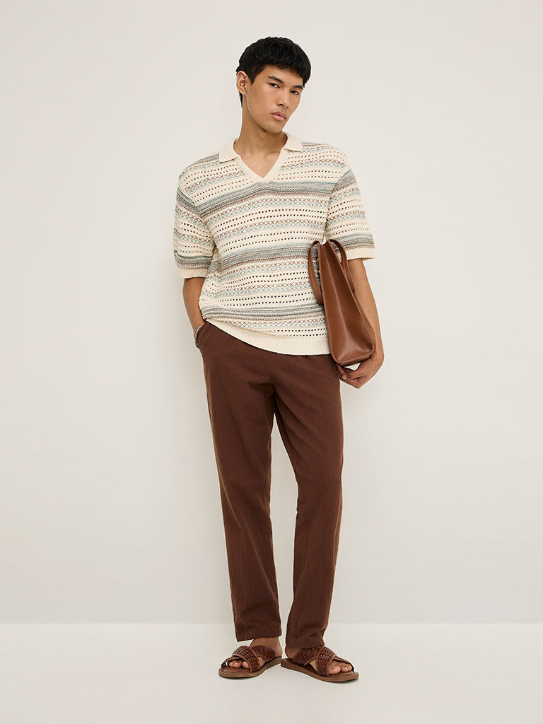 ETA Taupe Knit-Textured Relaxed-Fit Cotton-Blend Polo T-Shirt