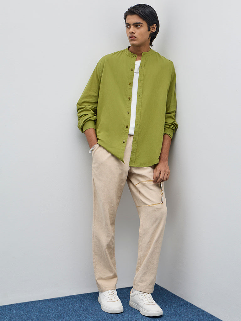 ETA Green Solid Relaxed Fit Cotton Shirt