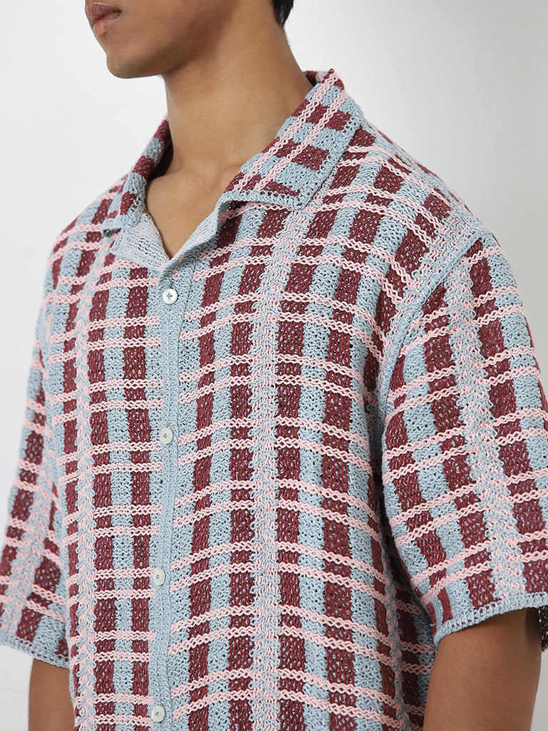 Nuon Pink Checkered Knitted Boxy-Fit Shirt