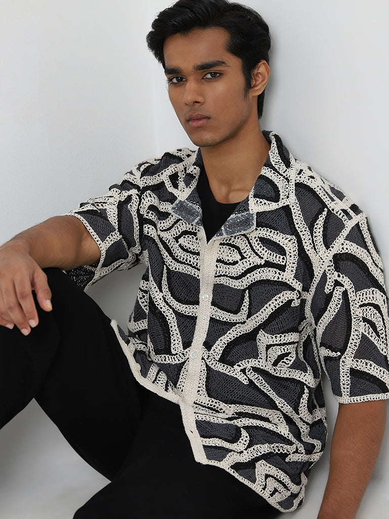 Nuon Grey Abstract Knitted Boxy-Fit Shirt