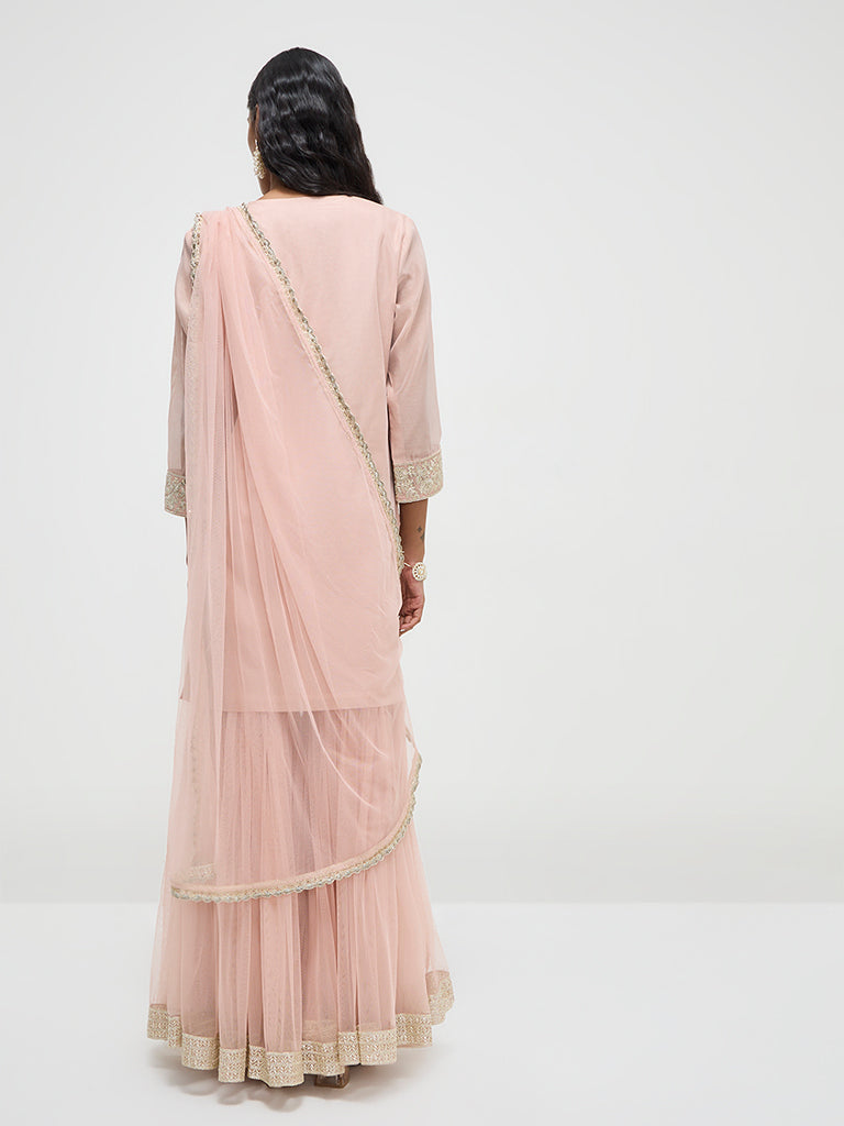 Vark Light Pink Embroidered A-Line Kurti, Sharara and Dupatta Set