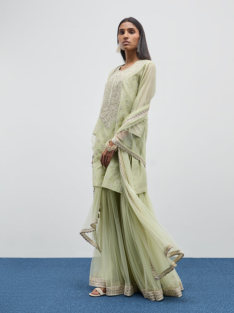 Vark Mint Embroidered A-Line Kurti, Sharara and Dupatta Set