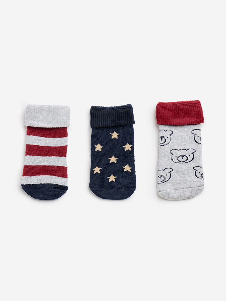 HOP Baby Maroon Printed Socks - Pack of 3