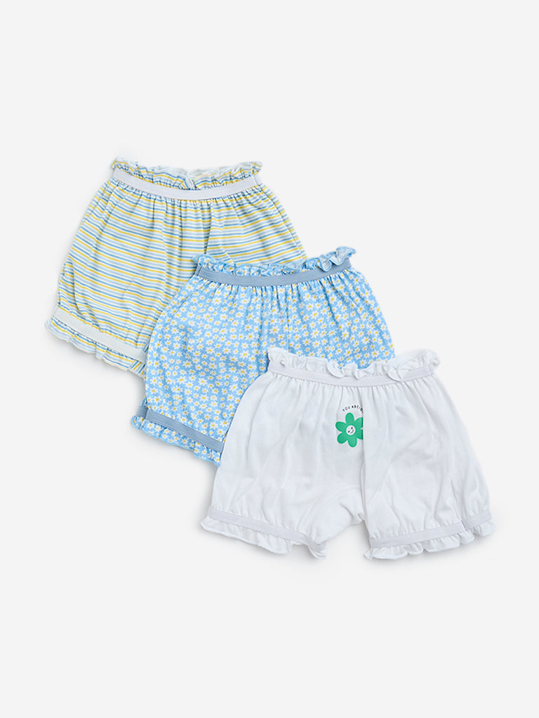 HOP Kids Light Blue Floral Printed Cotton Bloomers - Pack of 3