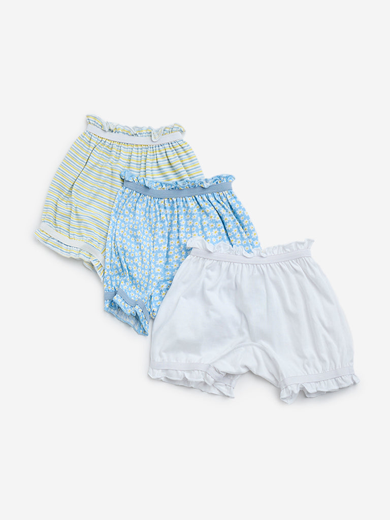 HOP Kids Light Blue Floral Printed Cotton Bloomers - Pack of 3