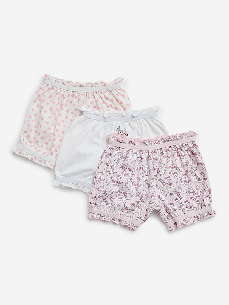 HOP Kids Light Pink Printed Cotton Bloomers - Pack of 3