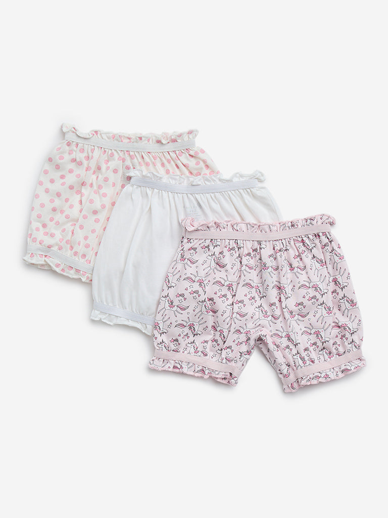 HOP Kids Light Pink Printed Cotton Bloomers - Pack of 3