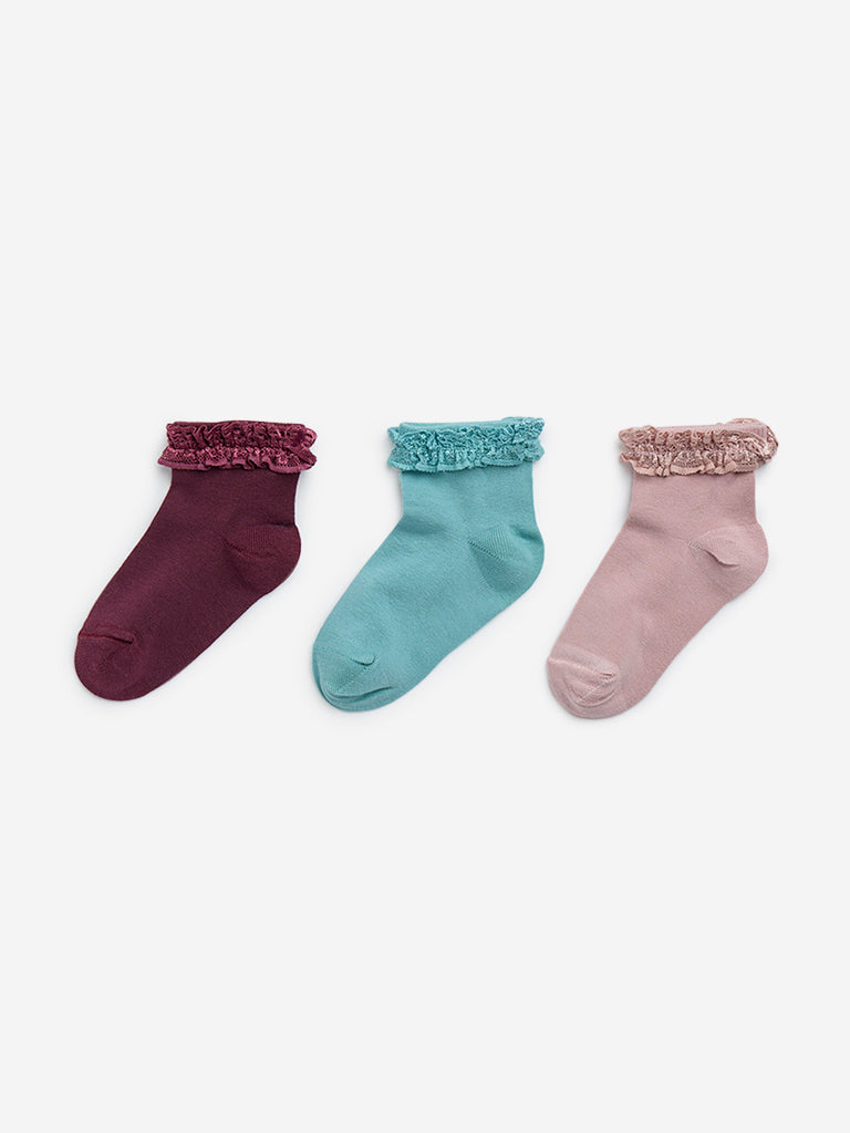 HOP Kids Mauve Lace-Detailed Cotton-Blend Socks - Pack of 3