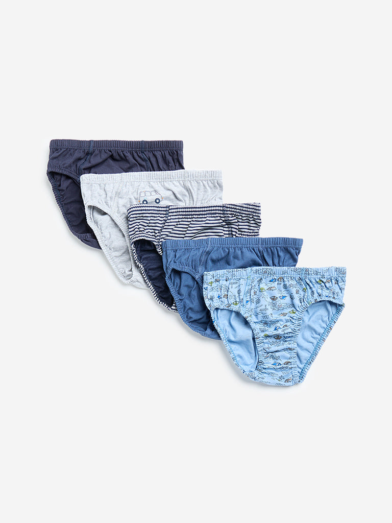 Y&F Kids Blue Printed Cotton Briefs - Pack of 5