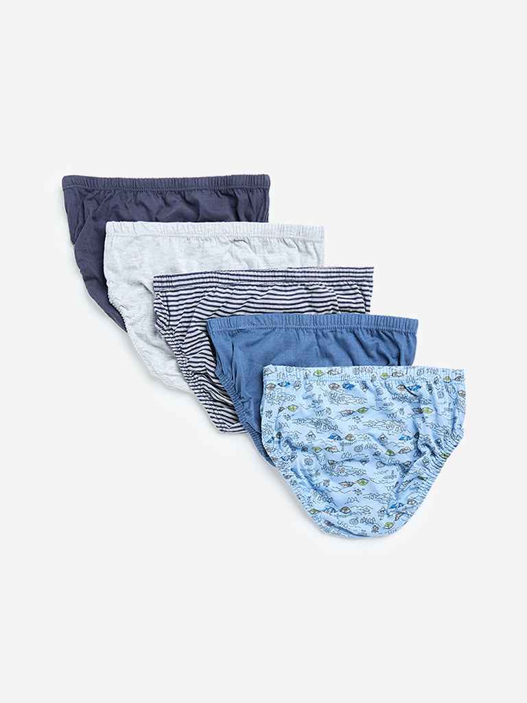 Y&F Kids Blue Printed Cotton Briefs - Pack of 5