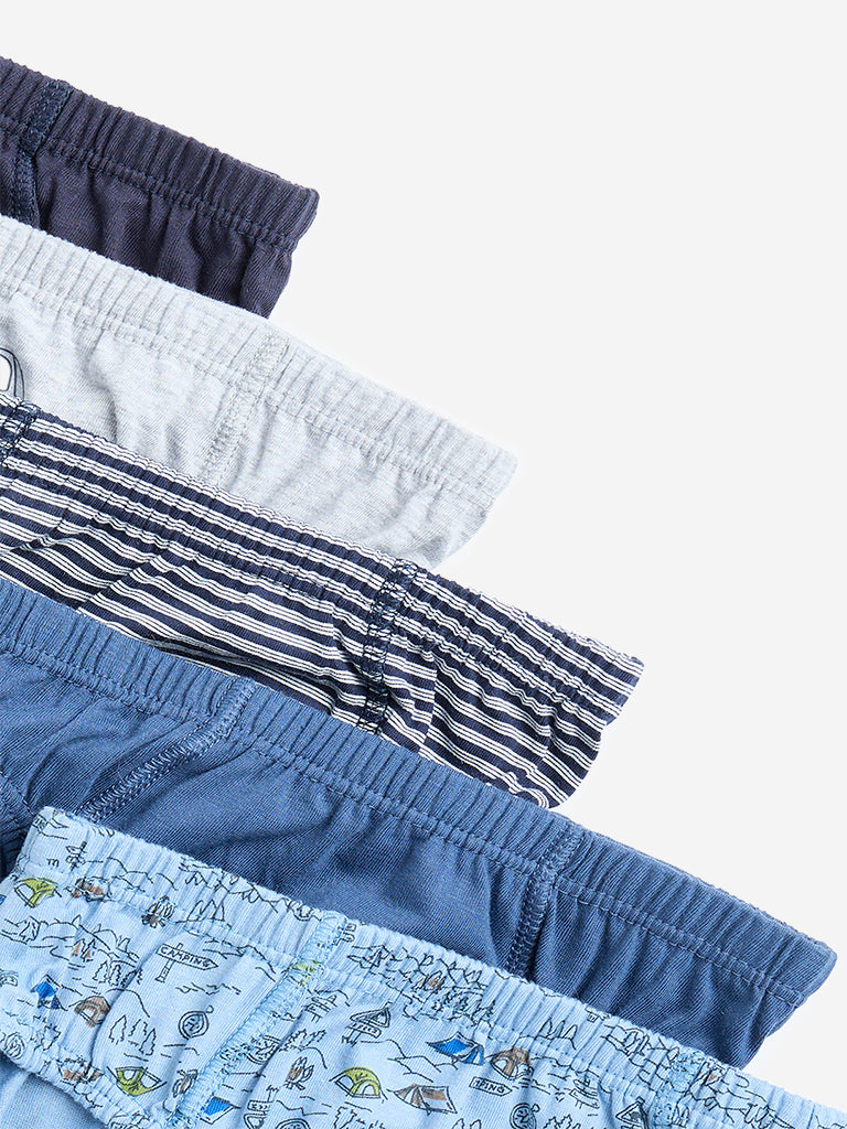 Y&F Kids Blue Printed Cotton Briefs - Pack of 5