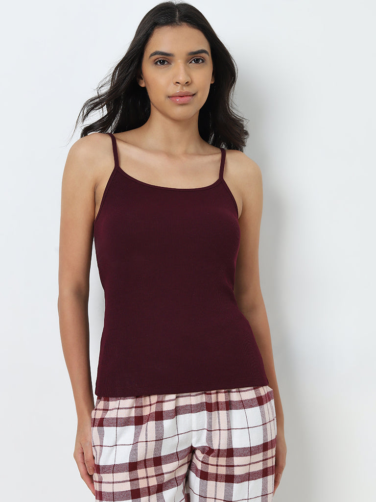 Wunderlove Maroon Ribbed Cotton Blend Camisole