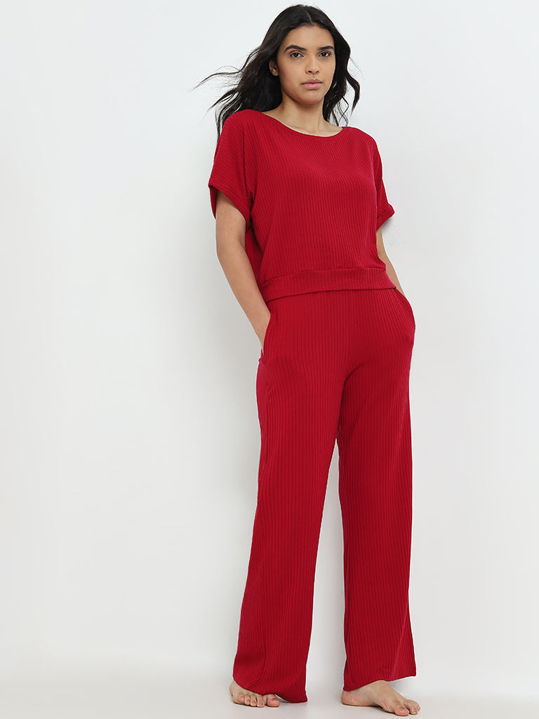 Wunderlove Red Ribbed High-Rise Lounge Pants