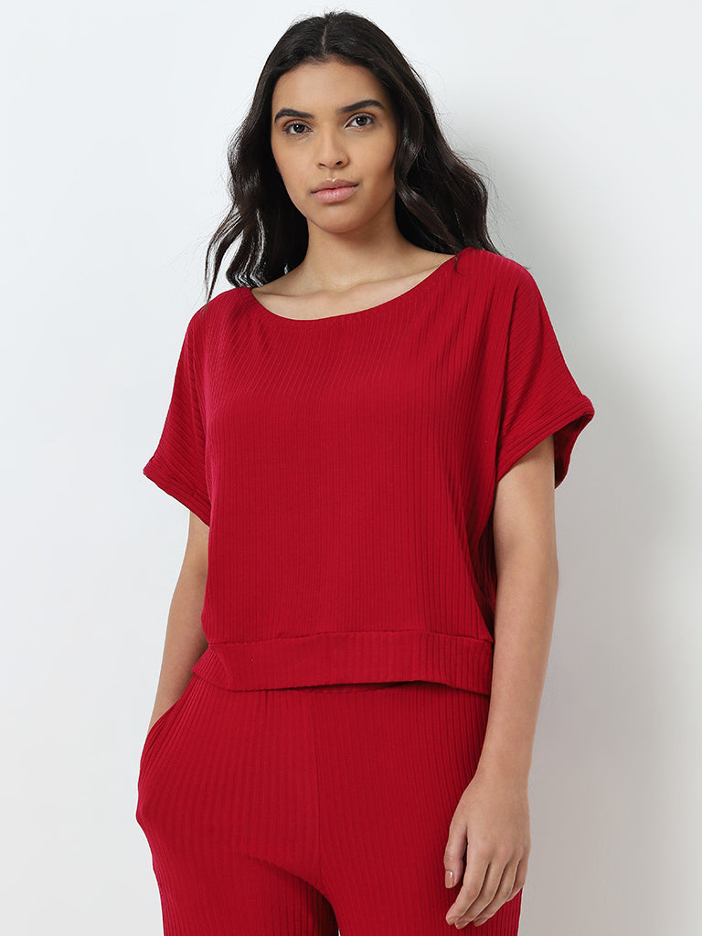 Wunderlove Red Ribbed Scoop Neck Top