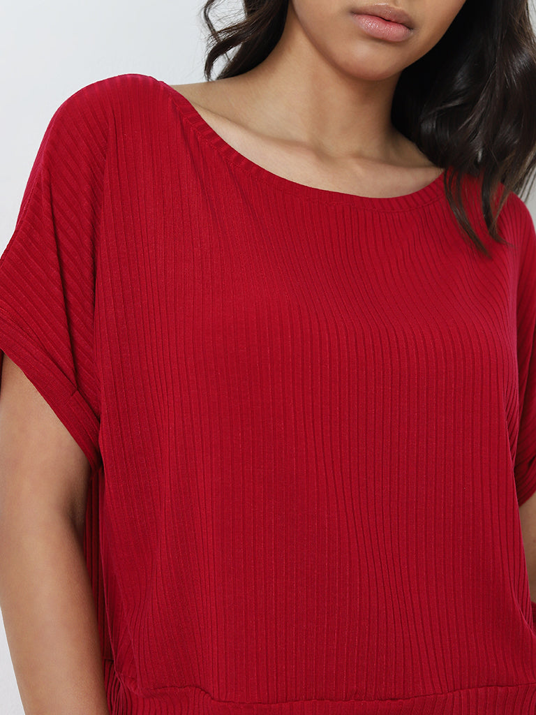 Wunderlove Red Ribbed Scoop Neck Top