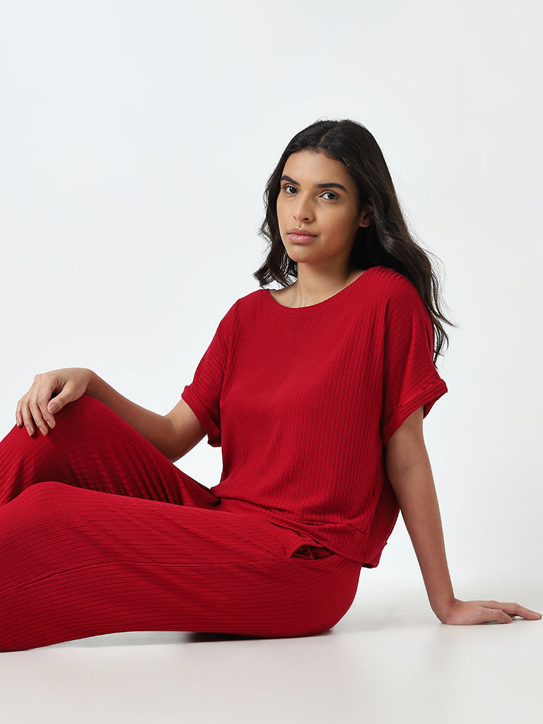 Wunderlove Red Ribbed Scoop Neck Top