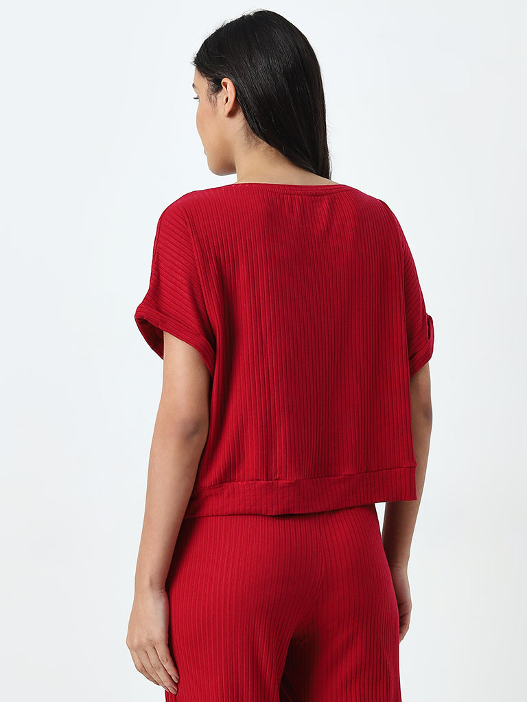 Wunderlove Red Ribbed Scoop Neck Top