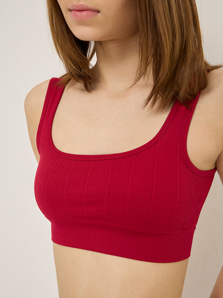 Superstar Red Ribbed Textured Seam-Free Padded Bra