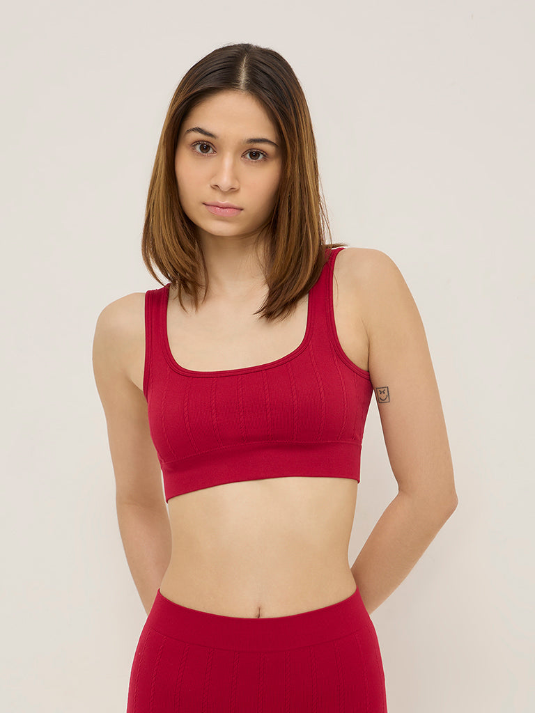 Superstar Red Ribbed Textured Seam-Free Padded Bra