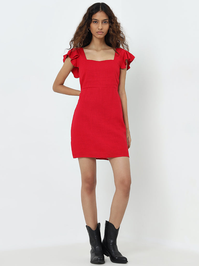 Nuon Red Knot-Detailed A-Line Cotton Dress