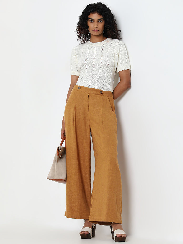 LOV Mustard Solid High-Rise Trousers