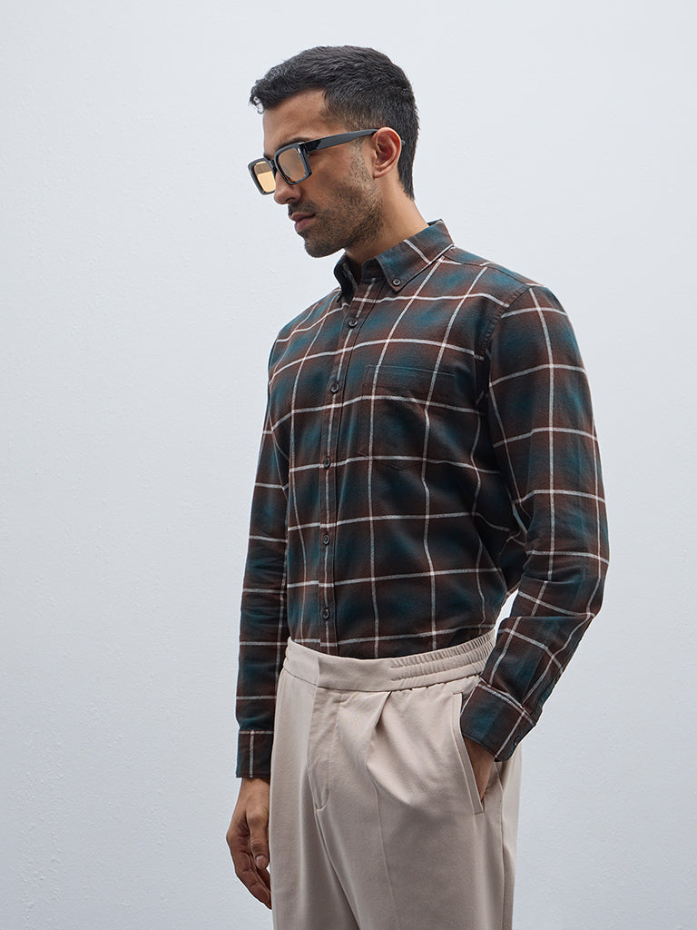 WES Casuals Dark Green Checkered Relaxed-Fit Cotton Shirt