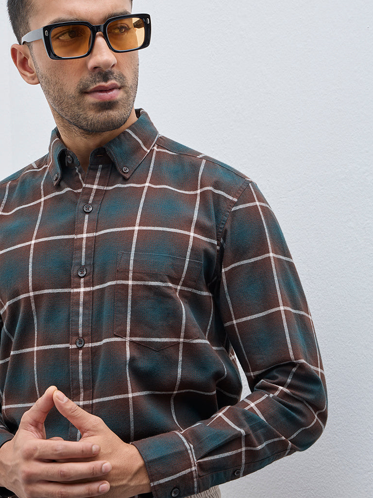 WES Casuals Dark Green Checkered Relaxed-Fit Cotton Shirt