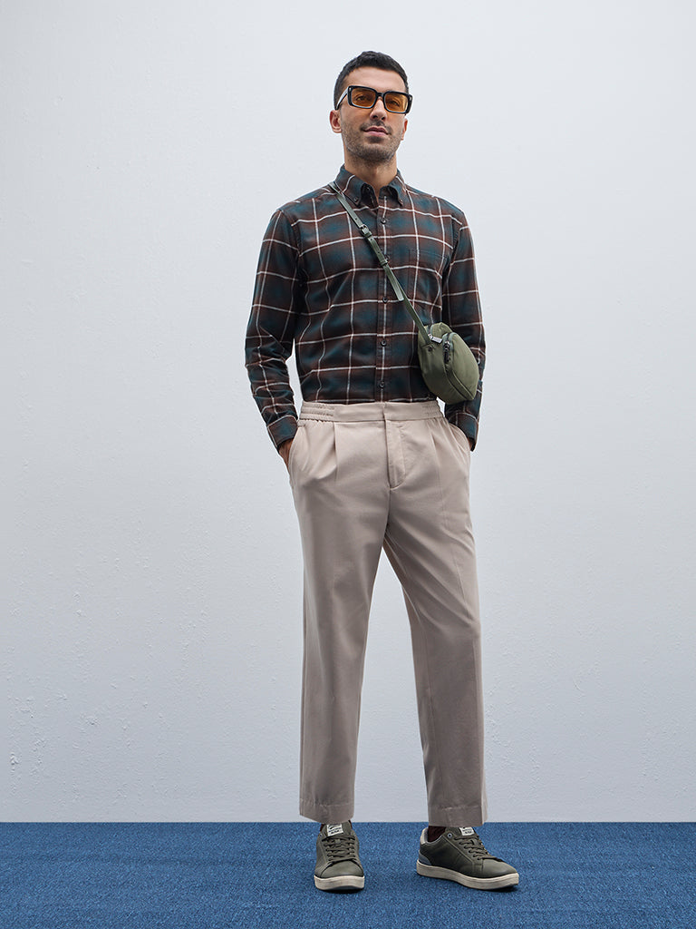 WES Casuals Dark Green Checkered Relaxed-Fit Cotton Shirt