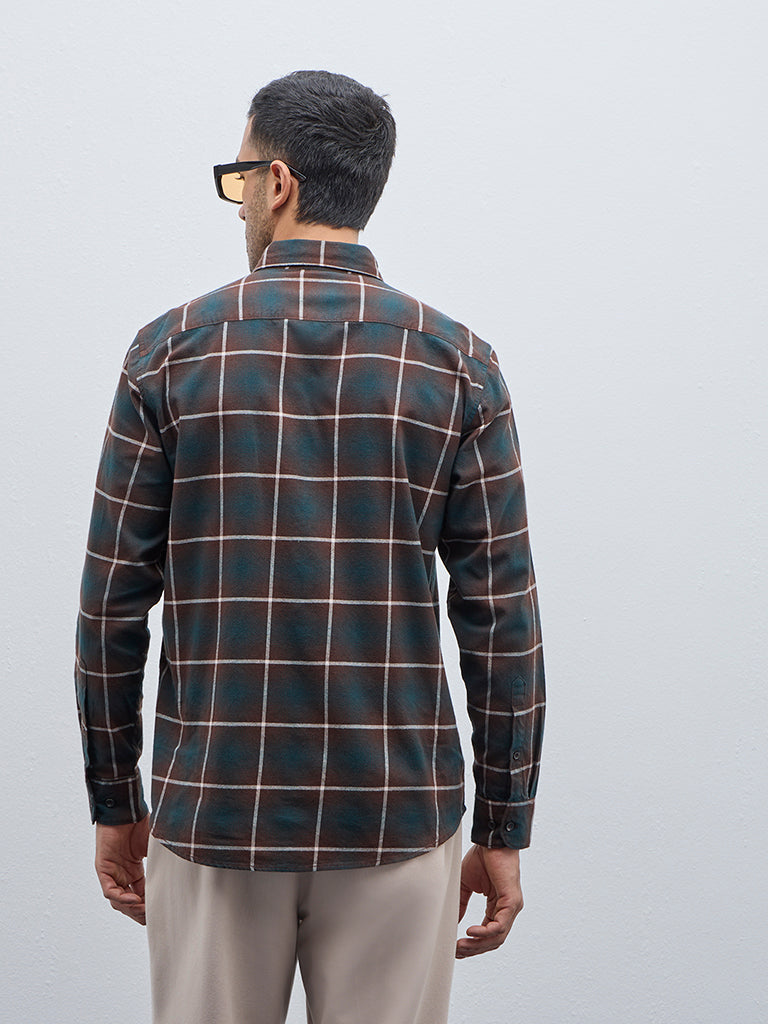 WES Casuals Dark Green Checkered Relaxed-Fit Cotton Shirt