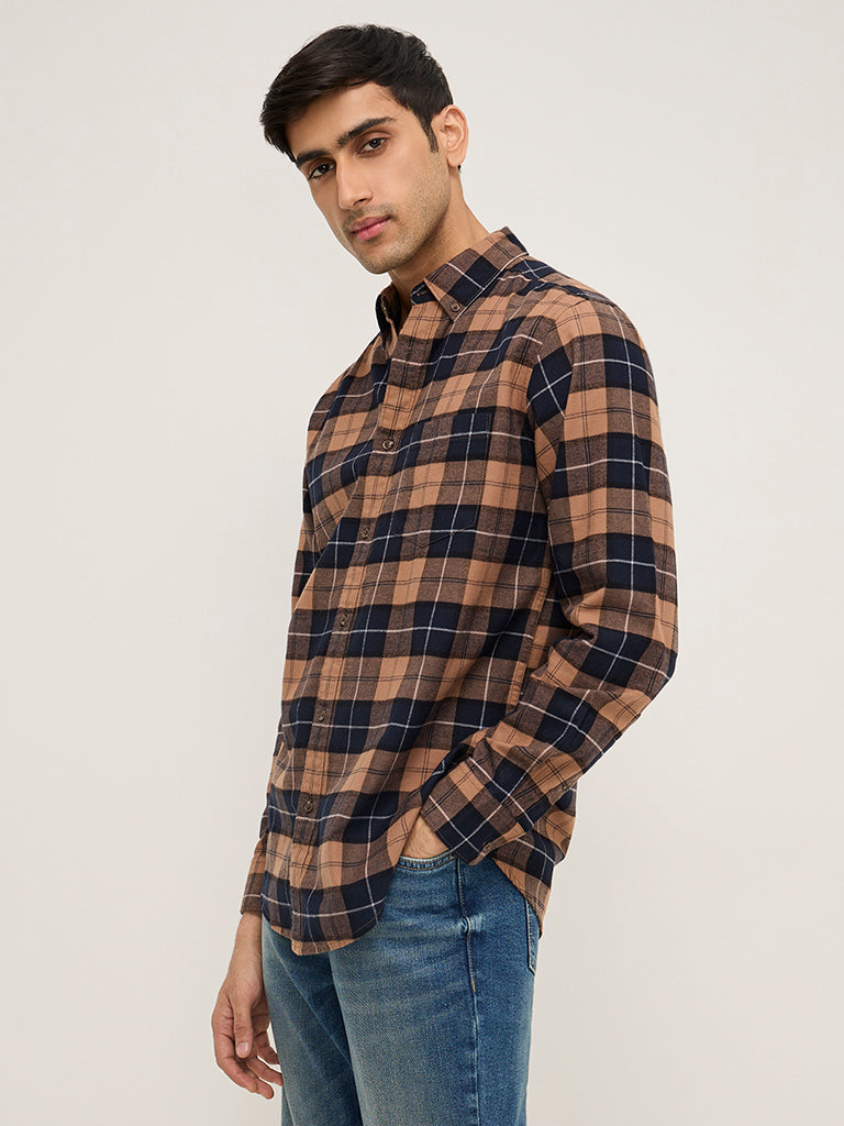 WES Casuals Brown Checkered Relaxed-Fit Cotton Shirt