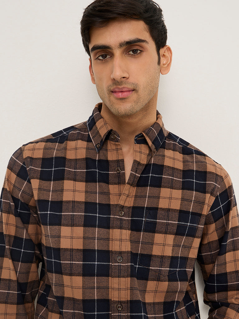 WES Casuals Brown Checkered Relaxed-Fit Cotton Shirt