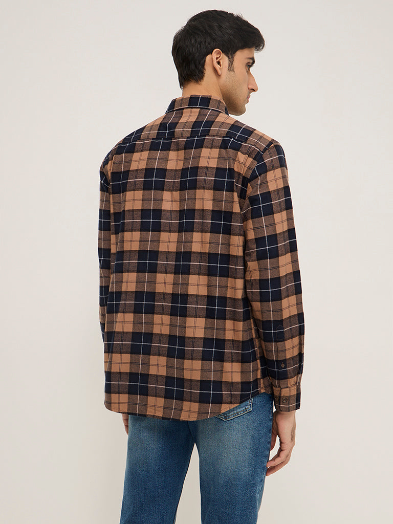 WES Casuals Brown Checkered Relaxed-Fit Cotton Shirt