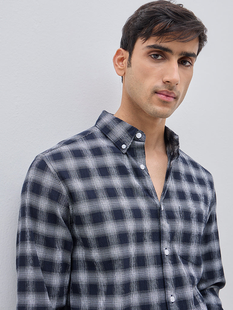 WES Casuals Navy Checkered Relaxed-Fit Cotton Blend Shirt