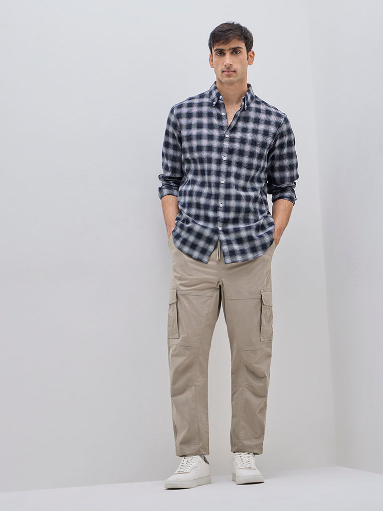 WES Casuals Navy Checkered Relaxed-Fit Cotton Blend Shirt