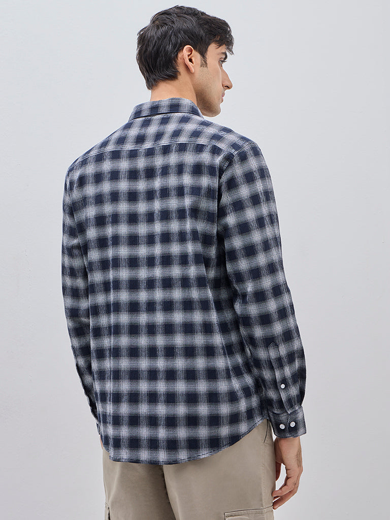 WES Casuals Navy Checkered Relaxed-Fit Cotton Blend Shirt